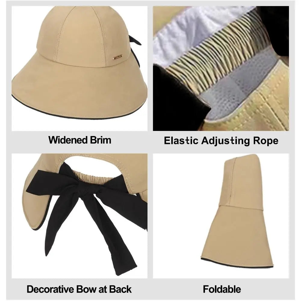 Casual Wide Brim Sun Hat UV Protection Breathable Women Bucket Hat Foldable with Bow Ponytail Hole Summer Beach Hat